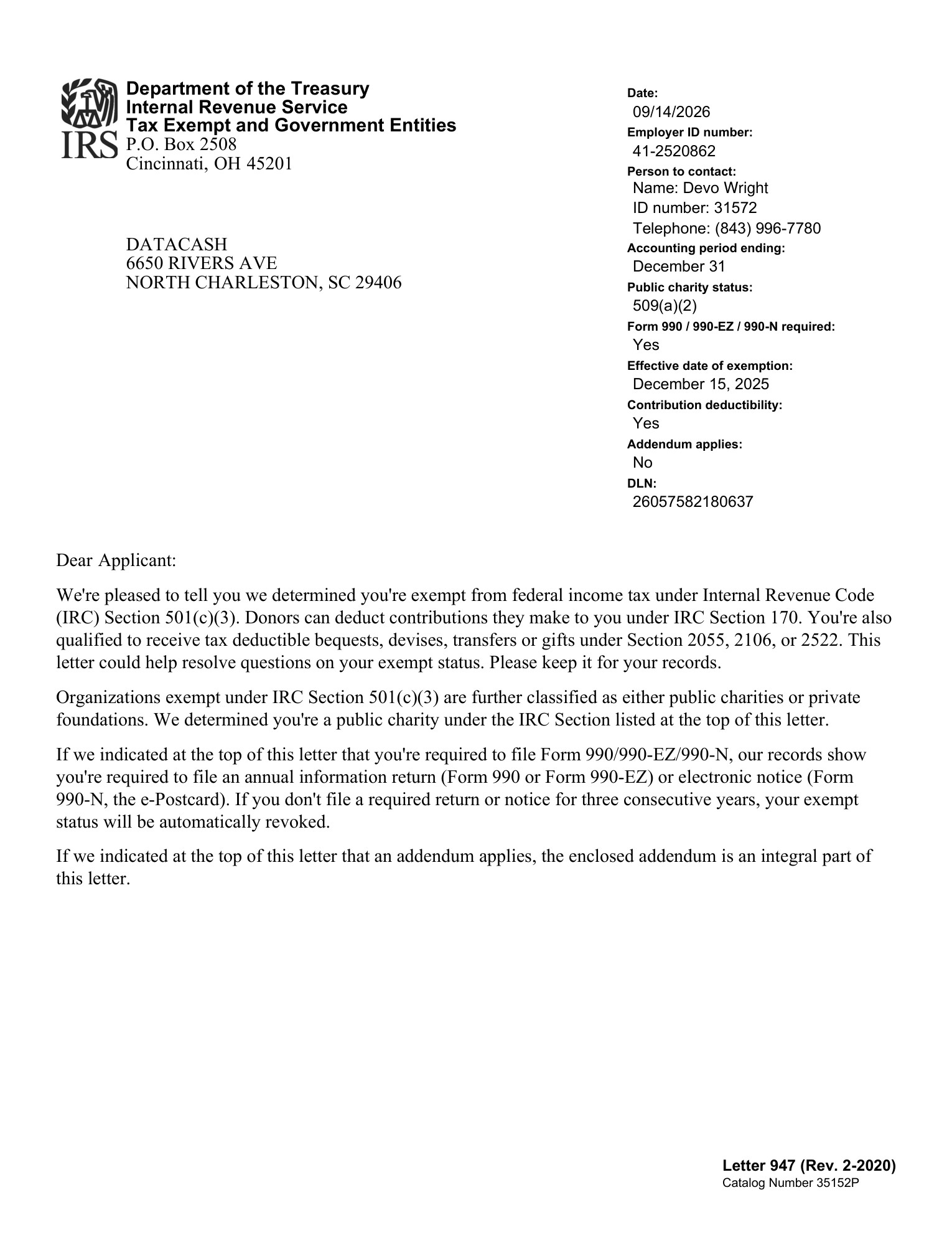 IRS Determination Letter — Page 1 IRS determination letter for Datacash, dated September 14, 2026, confirming section 501(c)(3) tax-exempt status; EIN 41-2520862. Page 1 of 2.