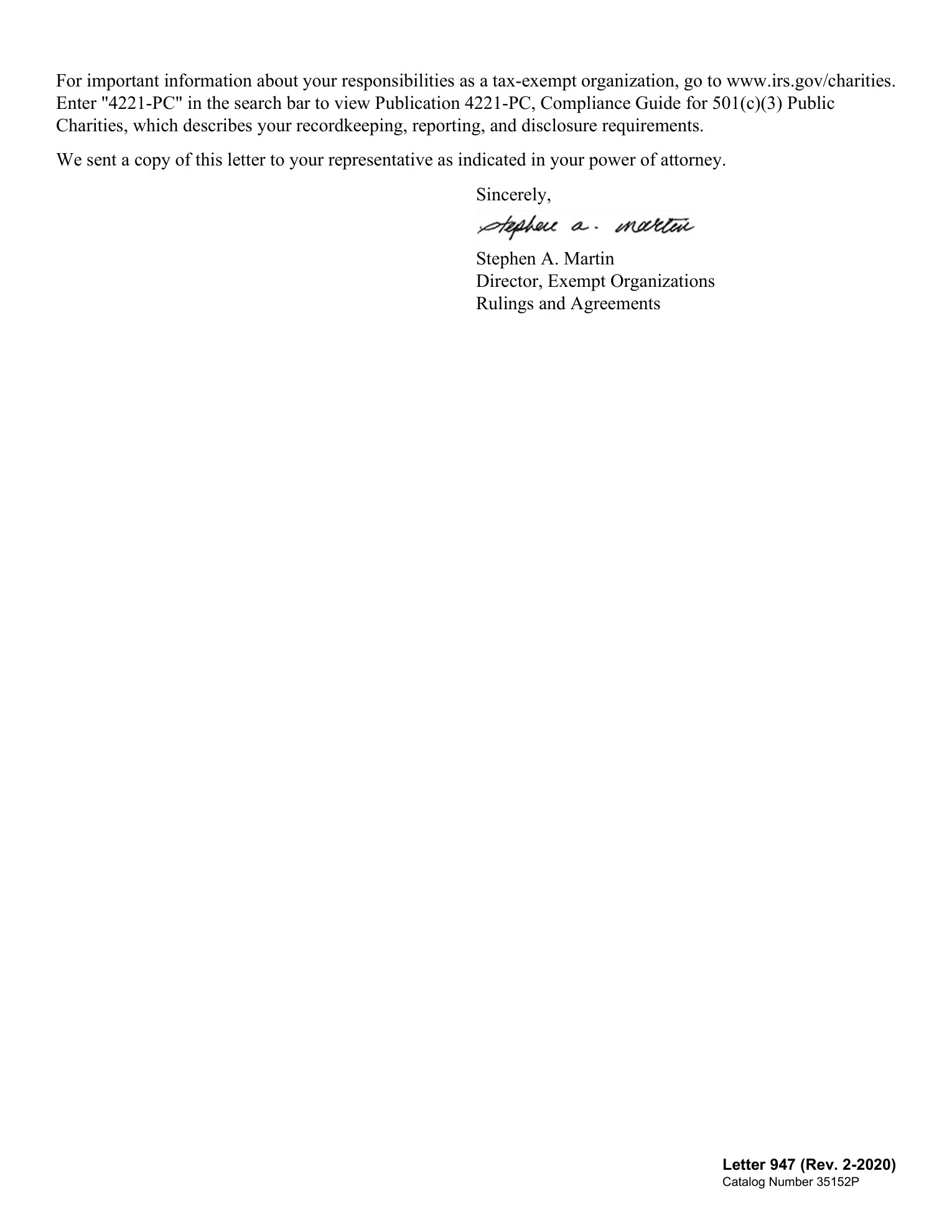 IRS Determination Letter — Page 2 IRS determination letter for Datacash, with tax-exempt organization responsibilities and closing signature. Page 2 of 2.