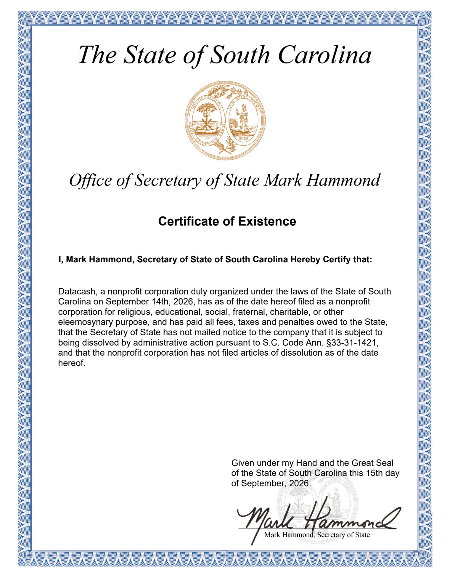 Certificate of Existence — South Carolina South Carolina Certificate of Existence for Datacash, issued September 15, 2026.