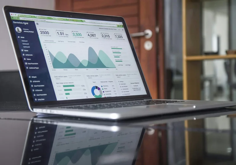 A laptop showing information organized into charts and records.